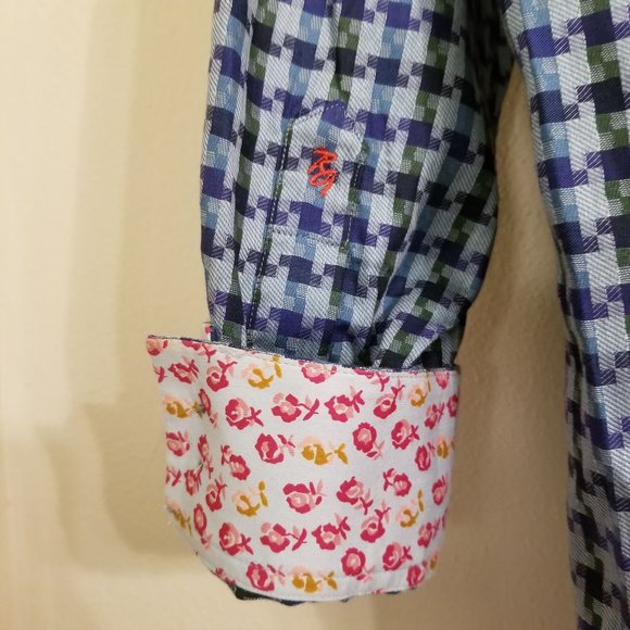 Robert Graham S Blue Purple Green Dress Shirt Hounds Tooth Long Sleeve - Picture 7 of 8